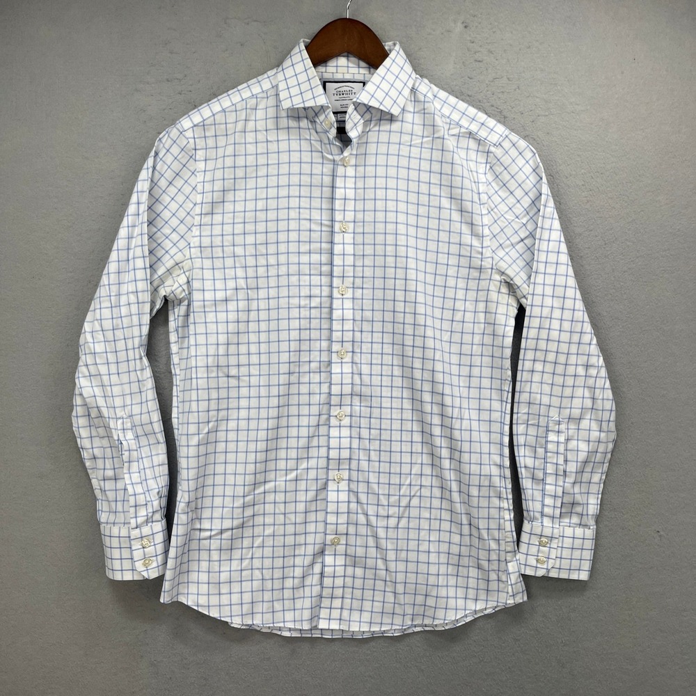 Charles Tyrwhitt Button Down Shirt Mens 15.5x34 White Blue Grid Slim Fit Office